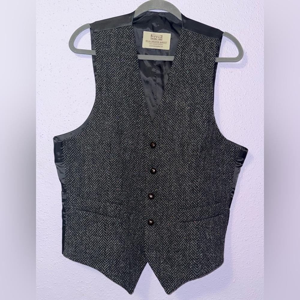 Aran Sweater Market Donegal Tweed Waistcoat Charcoal Fleck XL Vest